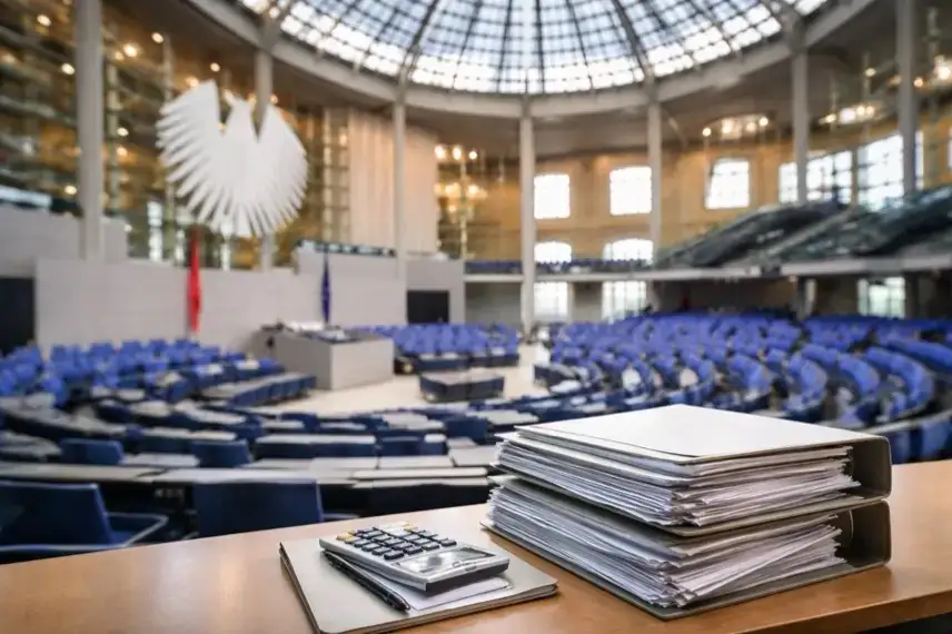 Innenansicht des Reichstags mit leerem Plenarsaal und neutralen Haushaltsunterlagen, symbolisch für Bundeshaushalt und Verfassungsbeschwerde.
