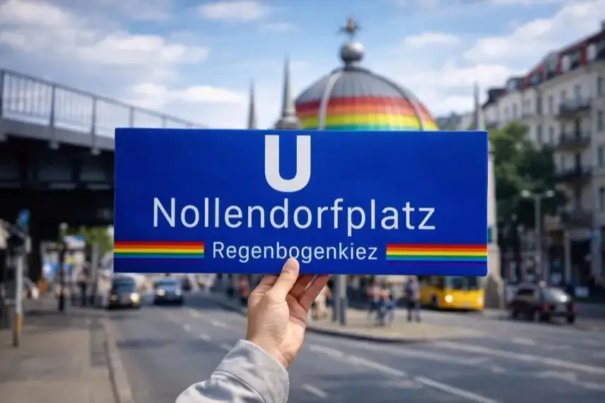 U-Bahn-Station Nollendorfplatz in Berlin-Schöneberg mit markanter Kuppel und farbigen Streifen im urbanen Umfeld.