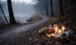 Kerzen und Blumen an einem Waldweg nahe eines Sees in Dormagen, winterliche Umgebung, stille Gedenkstelle nach Messerattacke.