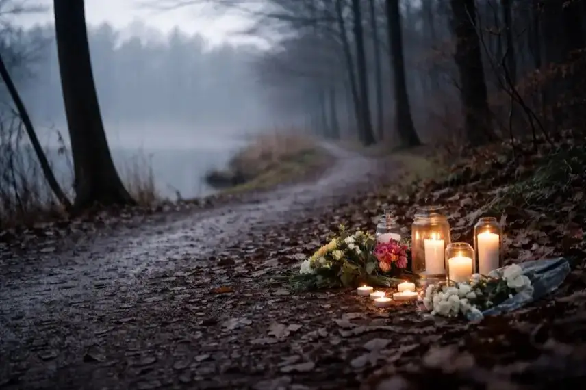 Kerzen und Blumen an einem Waldweg nahe eines Sees in Dormagen, winterliche Umgebung, stille Gedenkstelle nach Messerattacke.