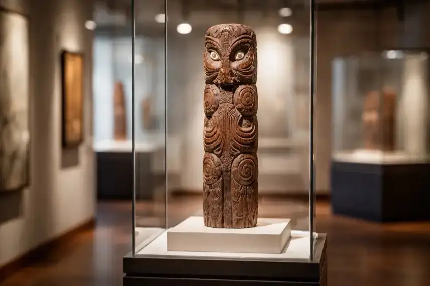 Geschnitztes Holzobjekt auf einem Podest in einem neutralen Museumsraum, gleichmäßig ausgeleuchtet, ohne Personen oder Beschriftungen.