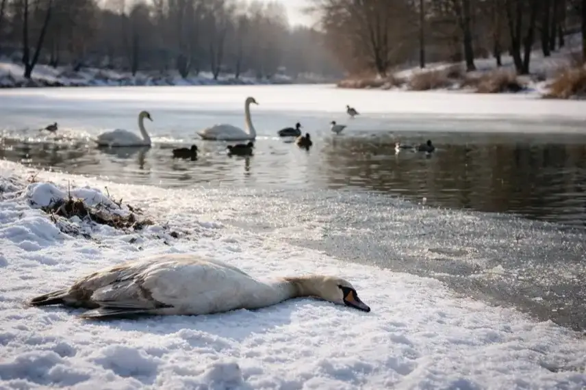 Verendeter Wasservogel am Ufer eines zugefrorenen Sees in Berlin im Winter, eisfreie Wasserstelle und Schnee im Hintergrund.