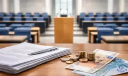 Leerer Plenarsaal mit Rednerpult, Dokumenten und Geldscheinen als Symbol für Steuerreform und Einkommensteuer in Deutschland.