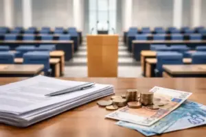 Leerer Plenarsaal mit Rednerpult, Dokumenten und Geldscheinen als Symbol für Steuerreform und Einkommensteuer in Deutschland.