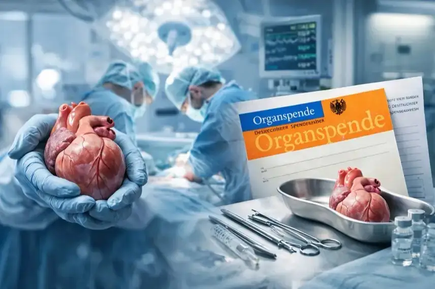 Neutrale Krankenhausumgebung mit OP-Flur und medizinischen Instrumenten, Sinnbild für Organspenden und Transplantationen in Deutschland.