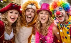 Faschingsumzug in Bruchsal mit Umzugswagen und kostümierten Gruppen in einer abgesperrten Innenstadtstraße, Zuschauer stehen am Straßenrand.