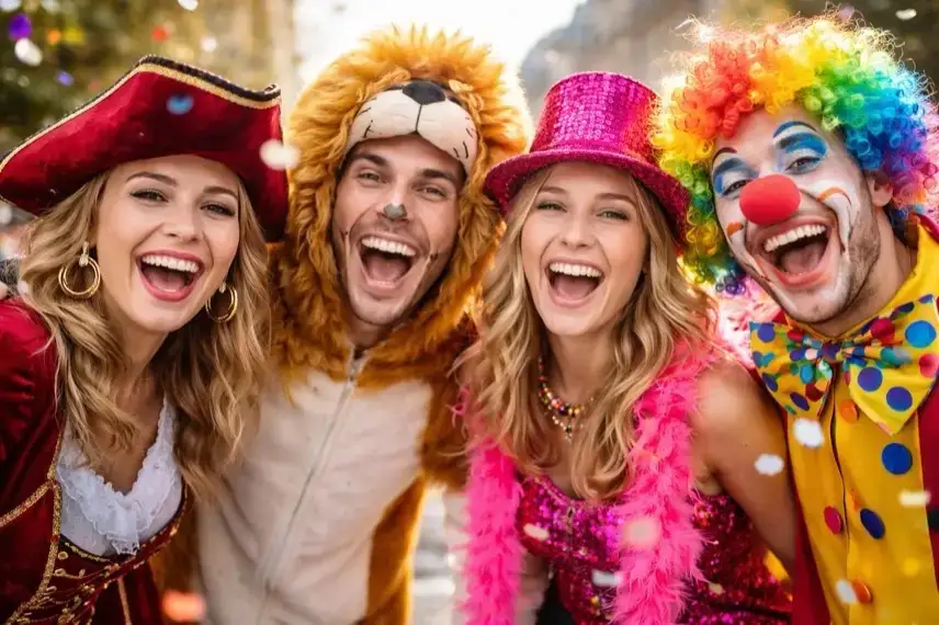 Faschingsumzug in Bruchsal mit Umzugswagen und kostümierten Gruppen in einer abgesperrten Innenstadtstraße, Zuschauer stehen am Straßenrand.