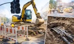 Abgedunkelte Innenstadtstraße in Karlsruhe mit ausgeschalteter Ampel und Bagger an Baustelle nach Stromausfall.