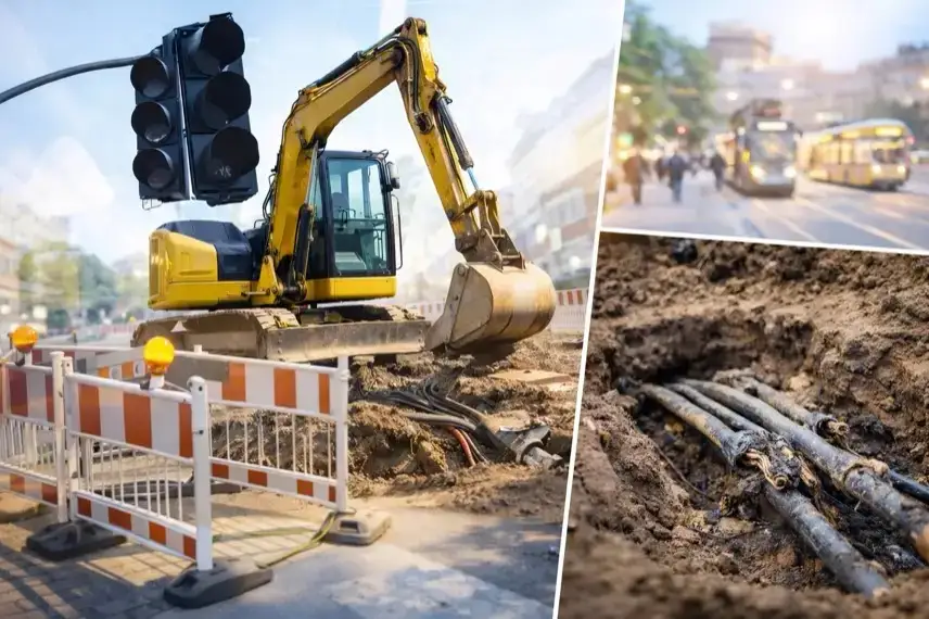 Abgedunkelte Innenstadtstraße in Karlsruhe mit ausgeschalteter Ampel und Bagger an Baustelle nach Stromausfall.