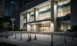 Beleuchtetes Gerichtsgebäude in Hongkong bei Nacht mit leerem Vorplatz und moderner Architektur