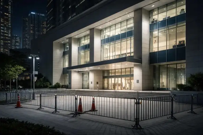 Beleuchtetes Gerichtsgebäude in Hongkong bei Nacht mit leerem Vorplatz und moderner Architektur