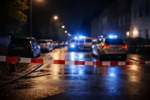 Abgesperrte Straße bei Nacht mit Polizeifahrzeugen und Blaulicht nach einer Auseinandersetzung mit Messer in Wuppertal