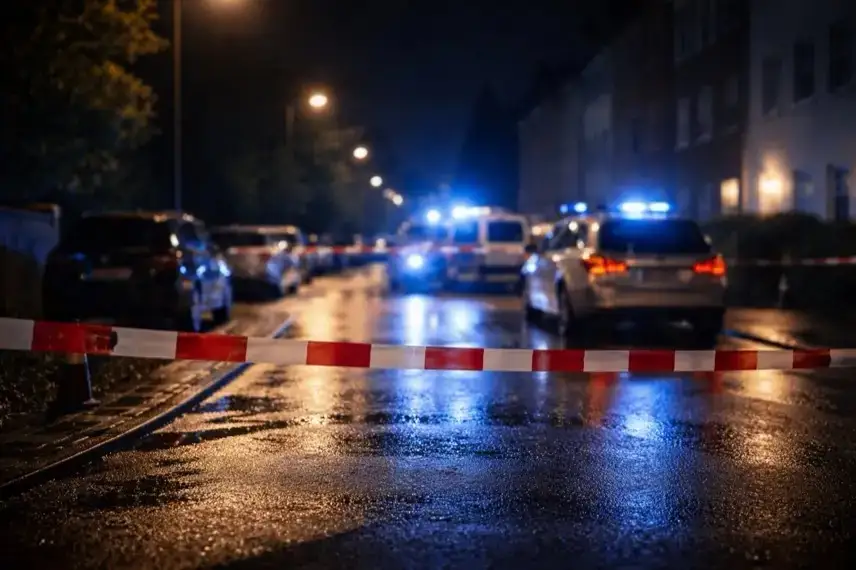 Abgesperrte Straße bei Nacht mit Polizeifahrzeugen und Blaulicht nach einer Auseinandersetzung mit Messer in Wuppertal