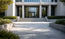 Außenansicht eines modernen Gerichtsgebäudes mit freiem Vorplatz, aufgenommen bei Tageslicht, ohne Menschen oder Beschriftungen.