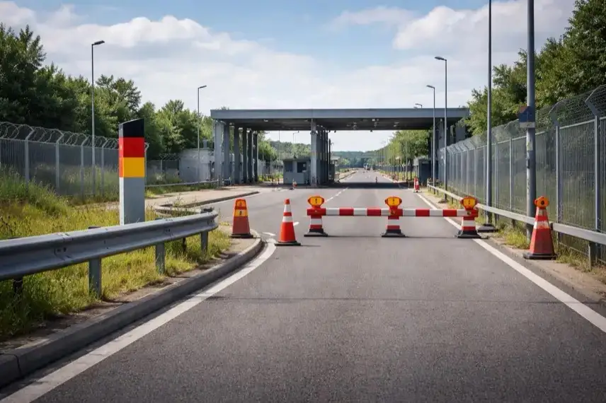 Leerer Grenzbereich mit Straße, Leitplanken und Absperrelementen bei Tageslicht, neutraler Kontrollraum für Grenzschutz und Migration
