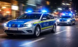Zwei fahrende Polizeiautos mit Blaulicht in einer Stadt bei Nacht während eines laufenden Polizeieinsatzes