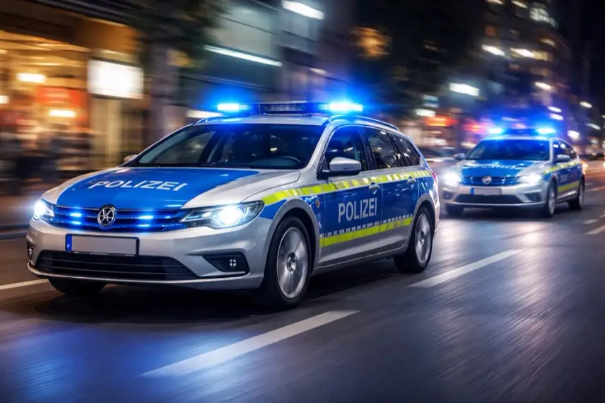 Zwei fahrende Polizeiautos mit Blaulicht in einer Stadt bei Nacht während eines laufenden Polizeieinsatzes