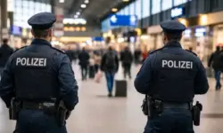 Bahnhofshalle am Kölner Hauptbahnhof mit Bundespolizei im Einsatz, Reisende im Hintergrund, neutrale Innenraumszene ohne erkennbare Personen.