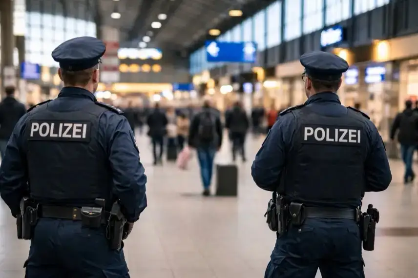 Bahnhofshalle am Kölner Hauptbahnhof mit Bundespolizei im Einsatz, Reisende im Hintergrund, neutrale Innenraumszene ohne erkennbare Personen.