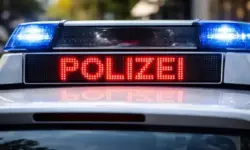 Rotes LED-Leuchtfeld mit der Aufschrift Polizei auf einem deutschen Polizeiauto bei Tageslicht