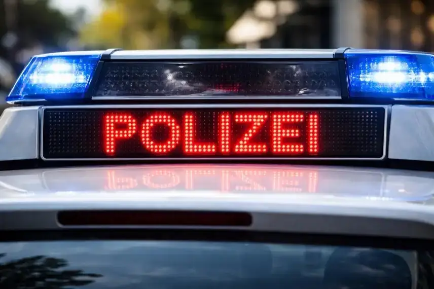 Rotes LED-Leuchtfeld mit der Aufschrift Polizei auf einem deutschen Polizeiauto bei Tageslicht