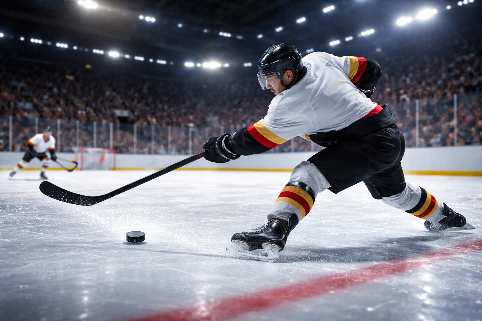 Eishockeyspieler beim Schlagschuss in moderner Arena während Olympia Eishockey Turnier