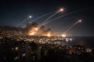 Rauch und Lichtspuren von Raketenabwehr über Küstenstadt im Iran-Krieg zwischen Israel und Hisbollah