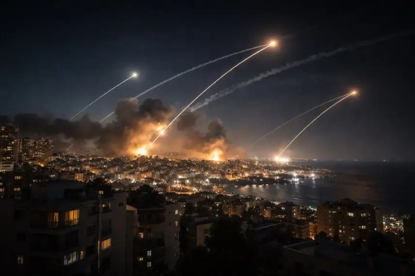 Rauch und Lichtspuren von Raketenabwehr über Küstenstadt im Iran-Krieg zwischen Israel und Hisbollah