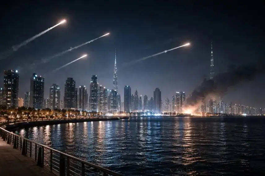 Nachtszene in Dubai mit Raketenlichtern am Himmel über Skyline und Wasser nach iranischem Vergeltungsschlag
