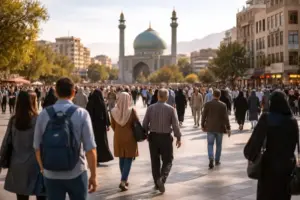Menschen auf Platz vor Moschee in iranischer Stadt, Symbol für Bevölkerung im Iran, Ethnien und Religion