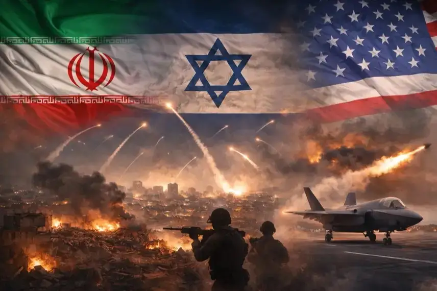 Raketen am Nachthimmel über Stadt mit Rauch und beschädigten Gebäuden im Iran Krieg zwischen Israel und USA