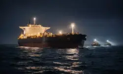 Öltanker bei Nacht in der Nordsee, begleitet von Patrouillenbooten während einer maritimen Sicherheitsoperation