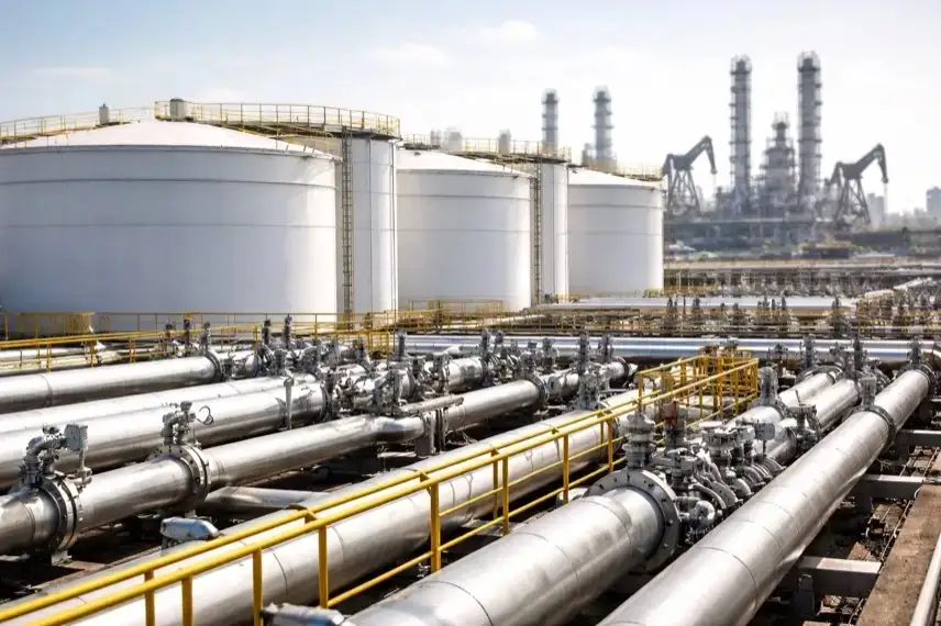 Ölterminal mit großen Lagertanks und Rohrleitungen, Industrieanlage zur Rohöl-Lagerung als Symbol für Ölpreis und Energiemarkt