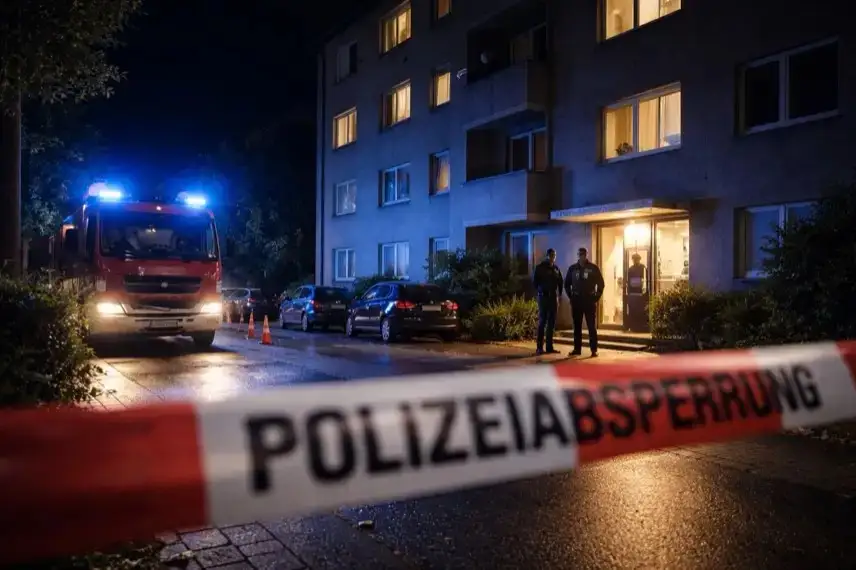 Polizeieinsatz vor Mehrfamilienhaus bei Nacht mit Blaulicht und Feuerwehrfahrzeug, Symbol für Cold Case Bonn Mordfall und Ermittlungen