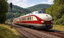 Historischer Schnelltriebwagen auf Bahnstrecke im Harz, Testfahrt eines restaurierten SVT Görlitz auf Gleisen in ländlicher Umgebung