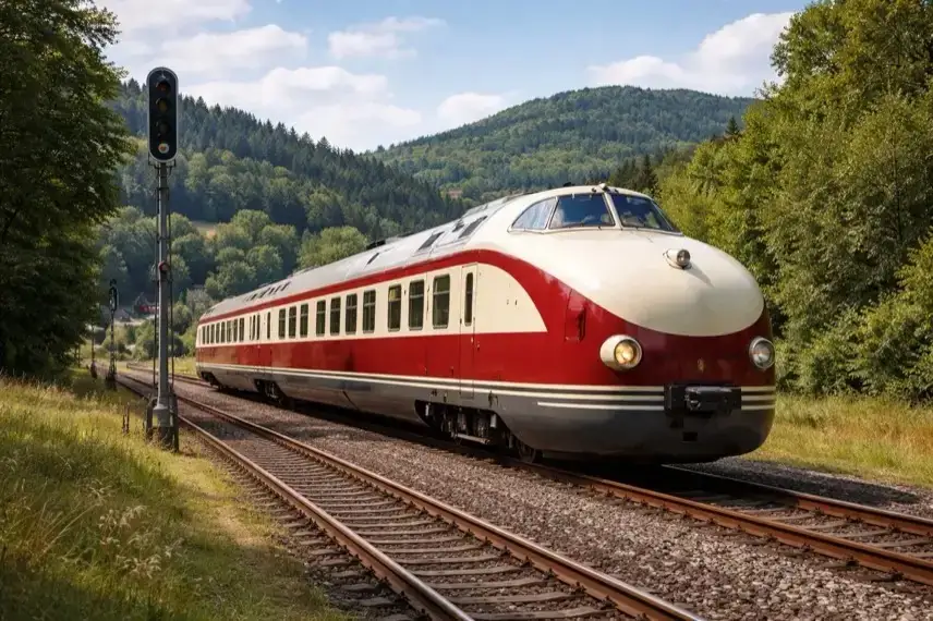 Historischer Schnelltriebwagen auf Bahnstrecke im Harz, Testfahrt eines restaurierten SVT Görlitz auf Gleisen in ländlicher Umgebung