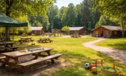 Ferienbetreuung im Grünen mit Spielbereich und Holzhäusern, Symbol für Waldheim Stuttgart 2026 und Anmeldung zum Ferienprogramm für Kinder