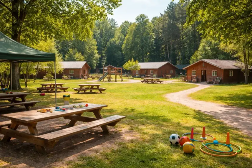 Ferienbetreuung im Grünen mit Spielbereich und Holzhäusern, Symbol für Waldheim Stuttgart 2026 und Anmeldung zum Ferienprogramm für Kinder
