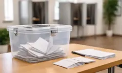 Wahlurne und Stimmzettel in einem Wahllokal bei der Landtagswahl Baden-Württemberg mit Bezug zum Wahlergebnis im Wahlkreis Karlsruhe I