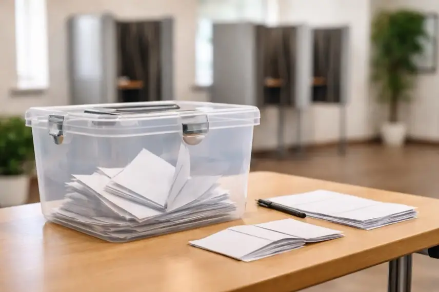 Wahlurne und Stimmzettel in einem Wahllokal bei der Landtagswahl Baden-Württemberg mit Bezug zum Wahlergebnis im Wahlkreis Karlsruhe I