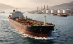 Öltanker vor Küstenanlage in enger Meerenge, Symbol für Ölpreise, Iran-Krieg, Straße von Hormus und Unsicherheit auf dem Energiemarkt