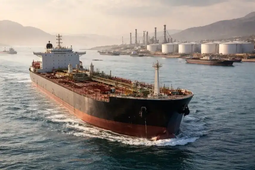 Öltanker vor Küstenanlage in enger Meerenge, Symbol für Ölpreise, Iran-Krieg, Straße von Hormus und Unsicherheit auf dem Energiemarkt