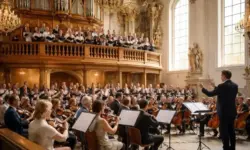Chor und Orchester proben in barocker Kirche mit Empore, Konzertvorbereitung zum Jubiläum des Hofkirchenchor Bruchsal in der Hofkirche
