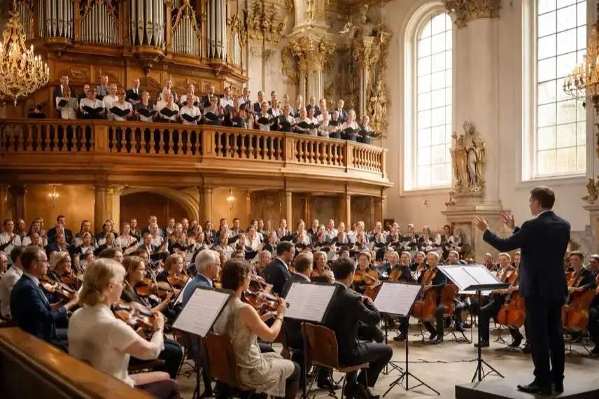 Chor und Orchester proben in barocker Kirche mit Empore, Konzertvorbereitung zum Jubiläum des Hofkirchenchor Bruchsal in der Hofkirche
