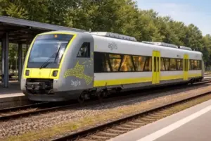Zwei Regionalzüge auf Gleisen in einem Bahnhof mit Rettungsfahrzeugen und Blaulicht nach Zugunfall im Bahnhofsbereich