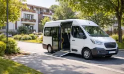 Kleiner Shuttlebus an Haltestelle vor Pflegeheim, On-Demand-Nahverkehr, barrierefreier Einstieg, ländliche Umgebung, öffentlicher Verkehr, Shuttle Service