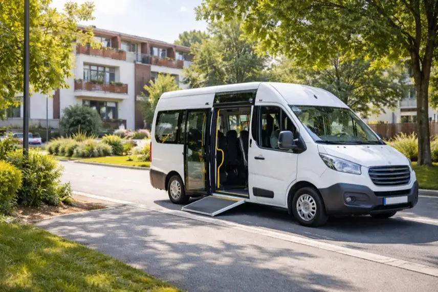Kleiner Shuttlebus an Haltestelle vor Pflegeheim, On-Demand-Nahverkehr, barrierefreier Einstieg, ländliche Umgebung, öffentlicher Verkehr, Shuttle Service