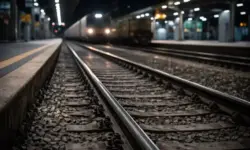 Gleisbereich in einem Bahnhof bei Nacht mit einfahrendem Güterzug und leerem Bahnsteig im Hintergrund