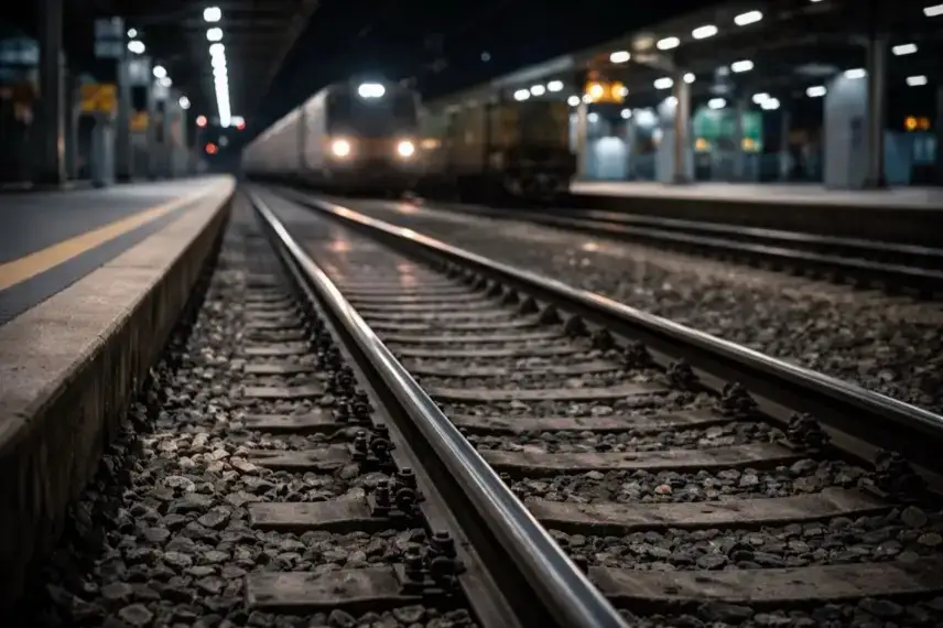 Gleisbereich in einem Bahnhof bei Nacht mit einfahrendem Güterzug und leerem Bahnsteig im Hintergrund