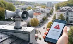 Sirene auf Hausdach und Smartphone mit Warnmeldung während Probealarm beim bundesweiten Warntag in Deutschland